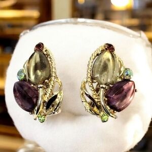Vintage BSK AB & Purple Rhinestone Frosted Rose Buds Floral Motif Clip Earrings